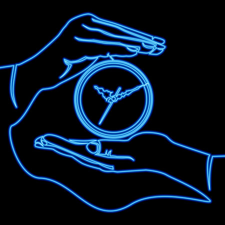 Continuous one single line drawing Hands holding the clock time management. Reminder of the deadline icon neon glow vector illustration conceptのイラスト素材