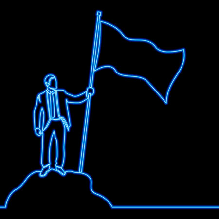 Continuous one single line drawing Businessman climbed to the top of the mountain and enjoys victory. Employee hoisted to the peak of the flag and rejoice success, business icon neon conceptのイラスト素材