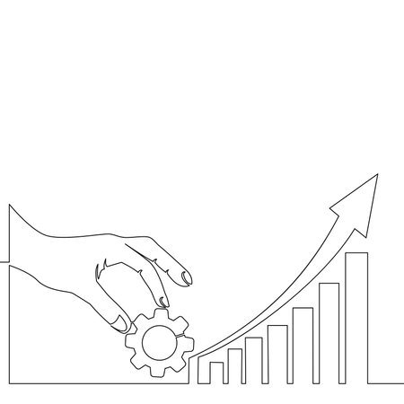 Continuous one single line drawing hand holding gear with graph going up with an arrow icon vector illustration conceptのイラスト素材