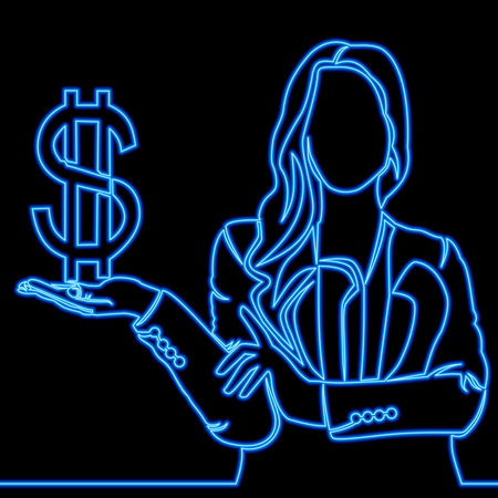 Continuous one single line drawing Earning, saving and investing money. Business woman holding a dollar sign icon neon glow vector illustration conceptのイラスト素材