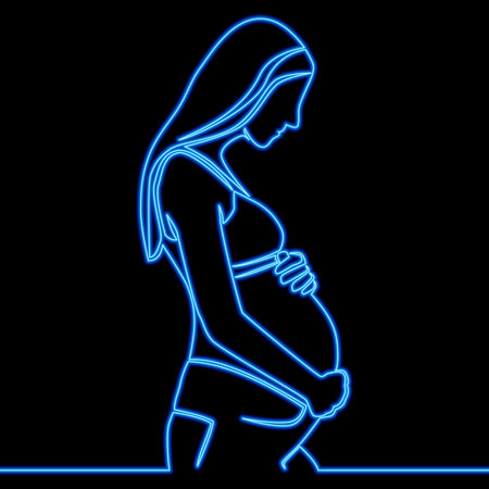 Continuous one single line drawing Pregnant woman, future mom, standing and hugging belly with arms icon neon glow vector illustration conceptのイラスト素材