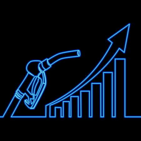 Continuous one single line drawing Oil price rising Gasoline fuel pump nozzle growth bar chart icon neon glow vector illustration conceptのイラスト素材