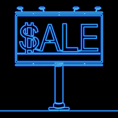 Continuous one single line drawing billboard with inscription sale discounts Business shopping promotion signboard icon neon glow vector illustration conceptのイラスト素材
