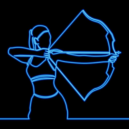 Continuous one single line drawing Woman Archer for Archery Sport Club Logo icon neon glow vector illustration conceptのイラスト素材