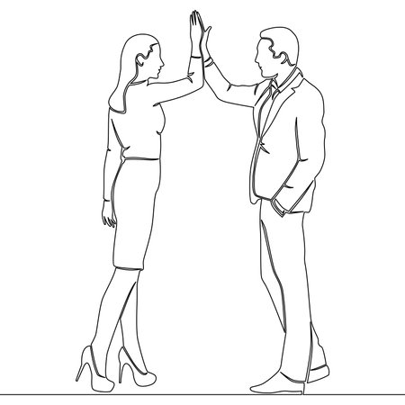 Continuous one single line drawing High-five. Young man and woman giving high-five success and cooperation icon vector illustration conceptのイラスト素材