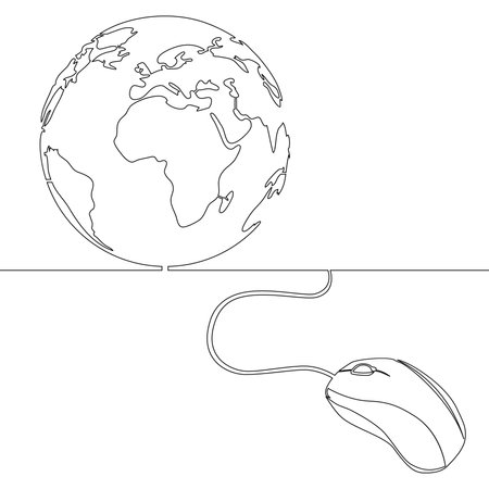 Continuous one single line drawing Computer mouse connected to a globe icon vector illustration conceptのイラスト素材