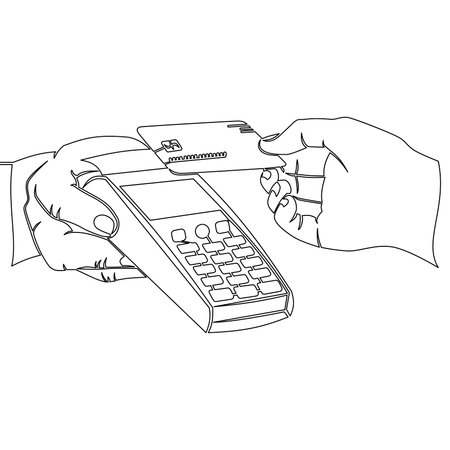 Continuous one single line drawing A person pays for a purchase by credit or debit card. Contactless payment system or technology icon vector illustration conceptのイラスト素材