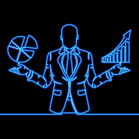 Continuous one single line drawing Manager or businessman analyzes charts, a report of work, trend in a market. Business plan, strategy icon neon glow vector illustration conceptのイラスト素材