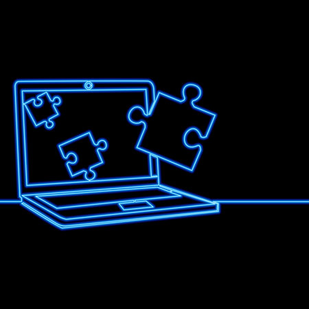 Continuous one single line drawing Puzzle. Teamwork. Network concept on laptop screen icon neon glow vector illustration conceptのイラスト素材