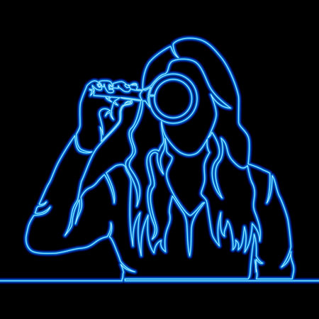Continuous one single line drawing Searching investigation and research woman standing and holding...