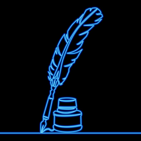 Quill, inkwell feather pen Elements of Law and Justice isolated icon neon glow vector illustration conceptのイラスト素材