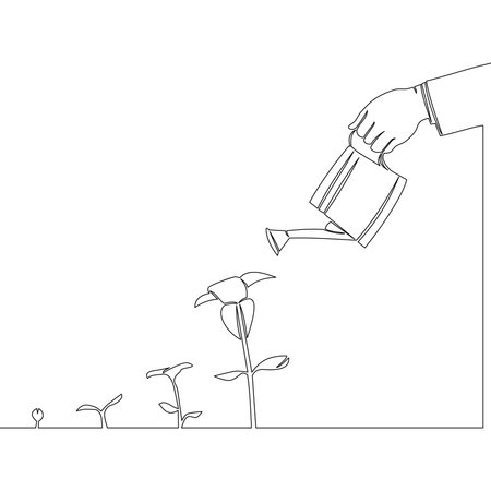 Continuous one single line drawing watering plants growth and development icon vector illustration conceptのイラスト素材