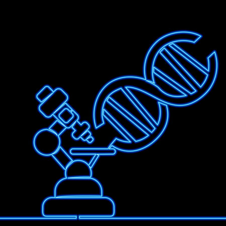 Genetic engineering dna molecule and microscope. Dna lab test, microbiology science, biotechnology gene life research, medical experiment icon neon glow vector illustration conceptのイラスト素材