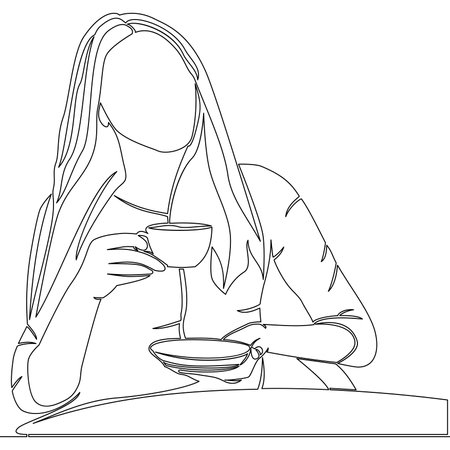 Continuous one single line drawing sitting dreaming woman with cup of tea icon vector illustration conceptのイラスト素材