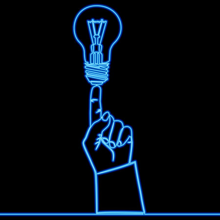 Continuous line drawing of hand pointing at light bulb or idea metaphor icon neon glow vector illustration conceptのイラスト素材