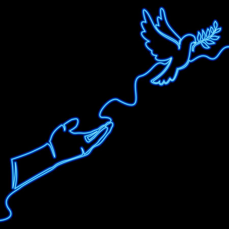 Continuous one single line drawing open hand with flying bird icon neon glow vector illustration conceptのイラスト素材