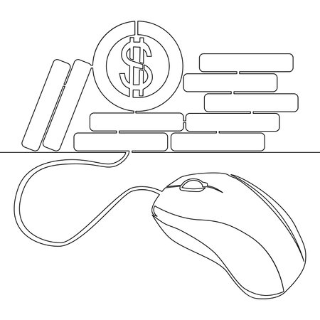 Continuous one single line drawing Online casino computer mouse and chips icon vector illustration conceptのイラスト素材