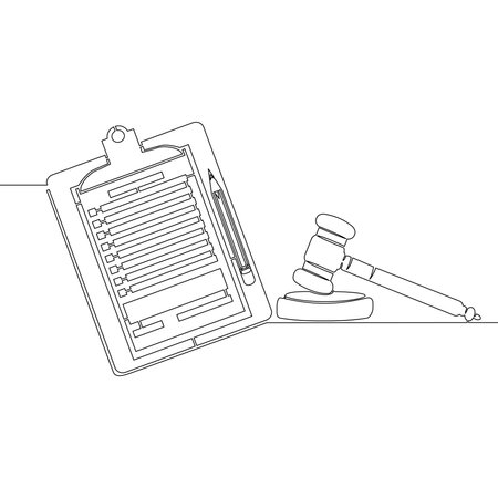 Continuous one single line drawing Legal approved document and judge's gavel icon vector illustration conceptのイラスト素材