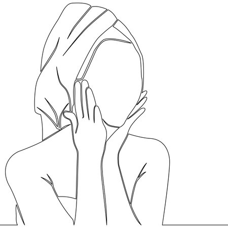 Continuous one single line drawing Woman with a towel on her head takes care of her facial skin icon vector illustration conceptのイラスト素材