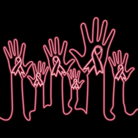 United for a Cause Crowd of Hands Raised with Charity Ribbons, Solidarity and Support icon neon glow vector illustration conceptのイラスト素材