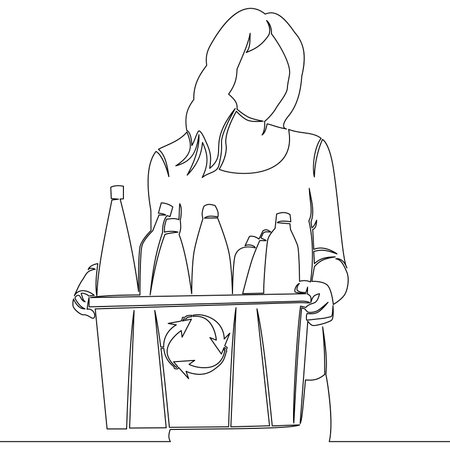 Continuous one single line drawing Woman Carrying Crate with Recyclable Plastic Bottles Eco Awareness icon vector illustration conceptのイラスト素材