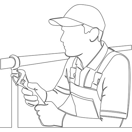 Continuous one single line drawing Plumber Fixing Pipe with Wrench Plumbing Repair and Maintenance Service icon vector illustration conceptのイラスト素材