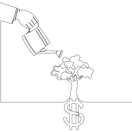 Continuous one single line drawing Hand Watering Tree with Dollar Sign Roots Investment Growth and Financial icon vector illustration conceptのイラスト素材