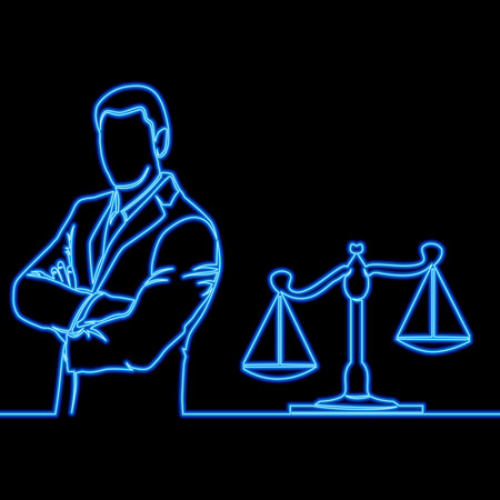 Businessman with Scales Concept of Justice, Balance, and Ethical Decision-Making in Business icon neon glow vector illustration conceptのイラスト素材