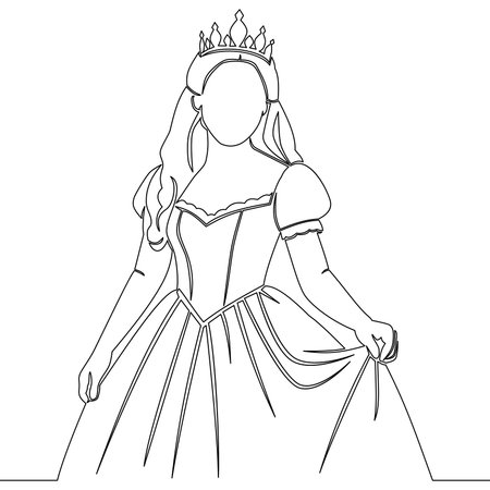 Continuous one single line drawing Young princess wearing crown showing elegant dress icon vector illustration conceptのイラスト素材