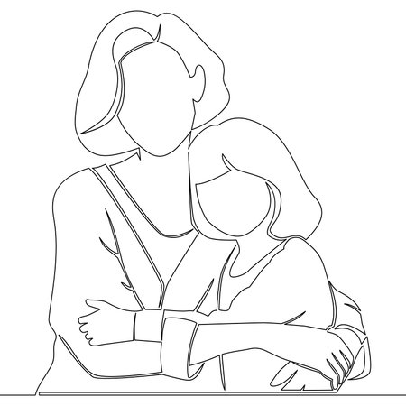 Continuous one single line drawing Mother hugging her little daughter showing love and family bonding icon vector illustration conceptのイラスト素材