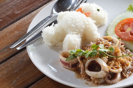 Squid fried with garlic and rice in pattern bear on white plateの写真素材