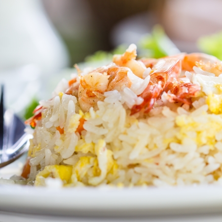 fried rice with shrimp close up.の写真素材