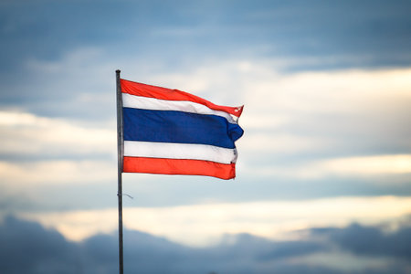 Image of waving Thai flag of Thailand with blue sky background