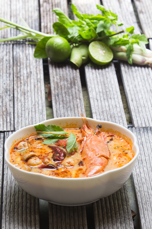 Thai hot and spicy soup seafood with shrimpの写真素材