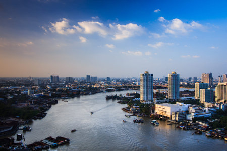 Images of Bangkok city at twilight river.