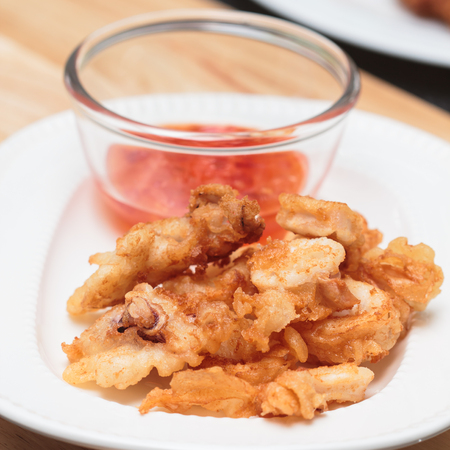 Deep Fried Calamari Rings with Sauce Bowlの写真素材