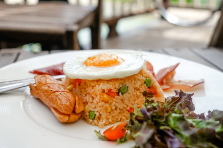 close up American style breakfast on wooden tableの写真素材