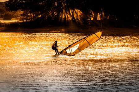 man playing windsurfer sailing  at sunsetの写真素材