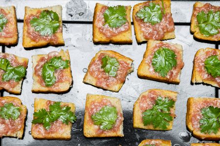 bread with raw minced pork spread In trayの写真素材