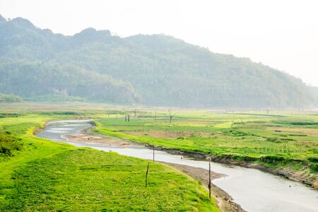 beautiful landscapes with river at sangklaburi, Thailand  in the morningの写真素材