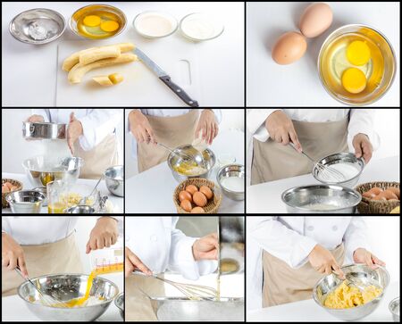 Collage of chef making banana cake in the kitchen roomの写真素材