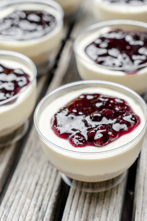 Blueberry cheesecake is delicious in mini cupの写真素材