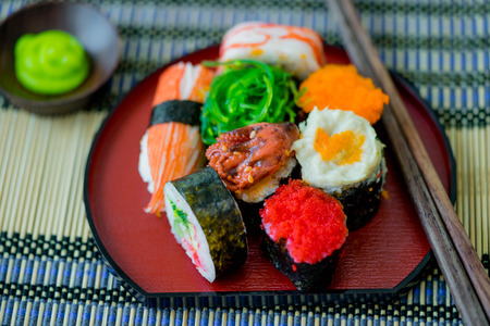 Sushi Set in Japanese dish with shoyu Sauce and wasabiの写真素材