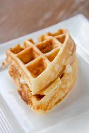 Waffle sandwiches with sausage and mayonnaiseの写真素材