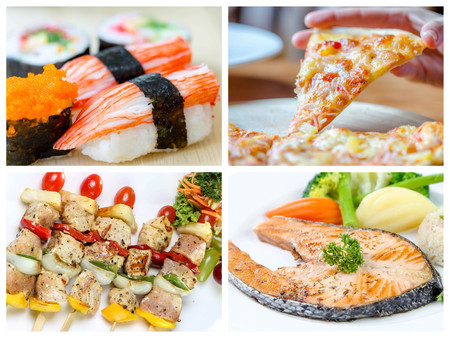 collage picture of food menu sushi, BBQ, steak, salmon steak, pizzaの写真素材