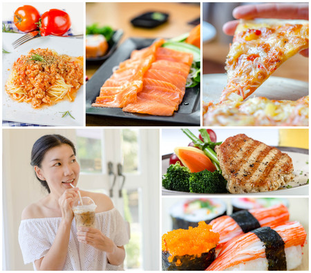 collage picture of women drinking with Many foodsの写真素材