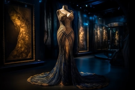 Fashionable evening dress on a mannequin in a luxury store.の素材