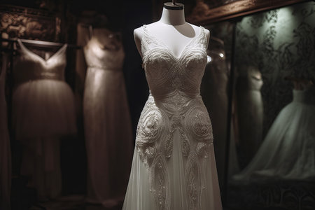 Wedding dress on a mannequin in a luxury boutiqueの素材