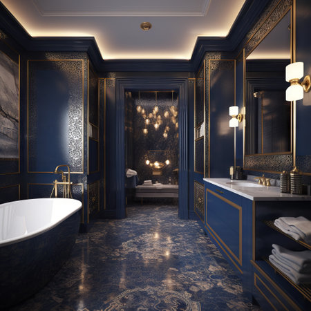 3d render of luxury classic bathroom interior design. Bathroom with blue and gold walls, carpet and mirror.の素材