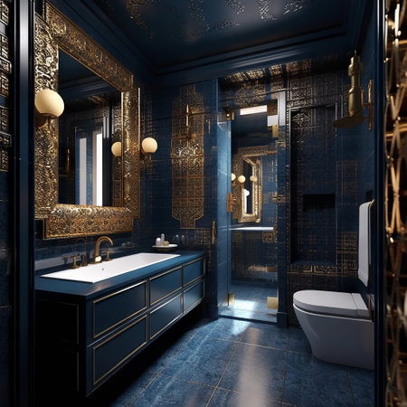 Luxury bathroom with black walls, concrete floor, blue bathtub and golden mirror. 3d renderingの素材